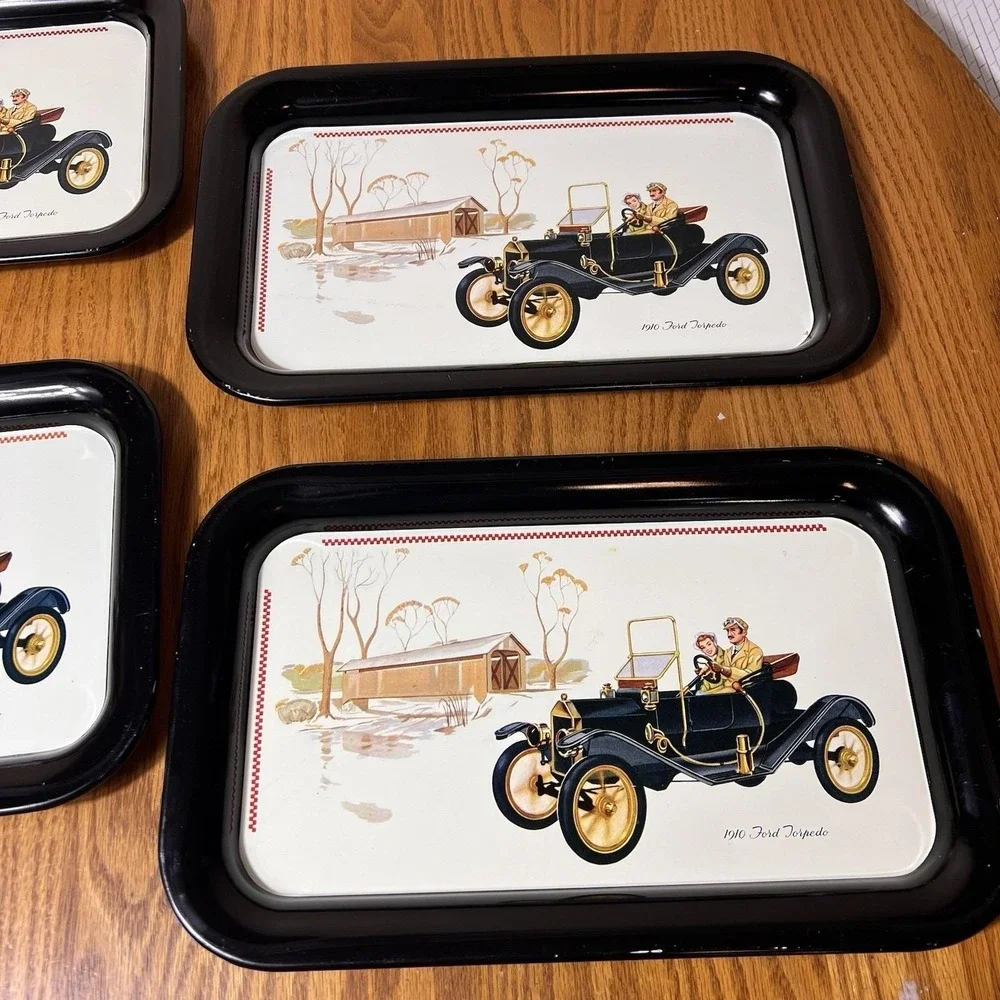 Set of 4 Vintage 60's Metal Collector Trays Ford 1910 Ford Torpedo Car 14